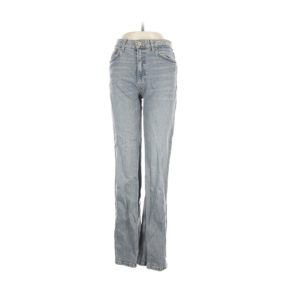 ZARA Women's Light Blue High Rise Straight Leg Denim Jeans 5-Pocket Button Zip